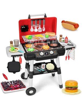 Kids BBQ Grill Playset with Smoke & Light, 2-Layer Cooking Toy for Toddlers 3-5